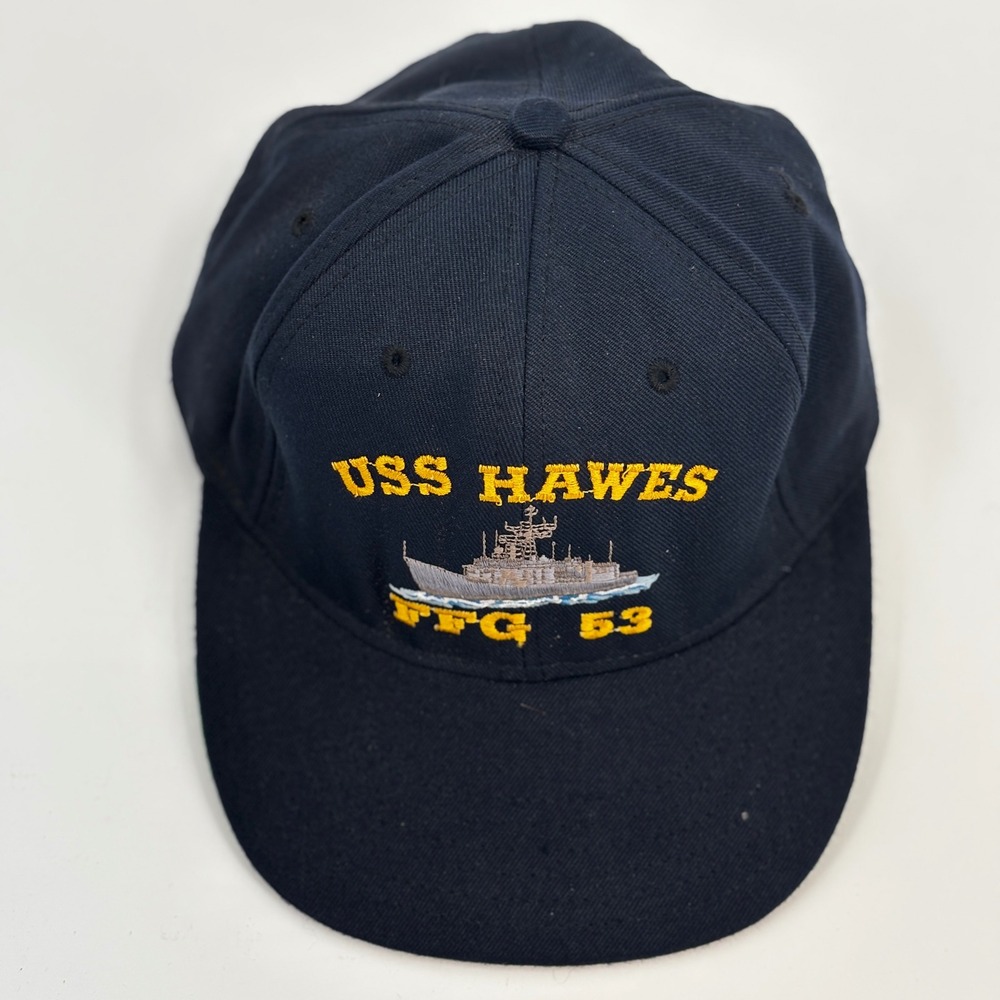 CAP-10 USS Hawes FFG 53 Snapback Hat Mens OSFA Navy Blue Vintage Made in USA